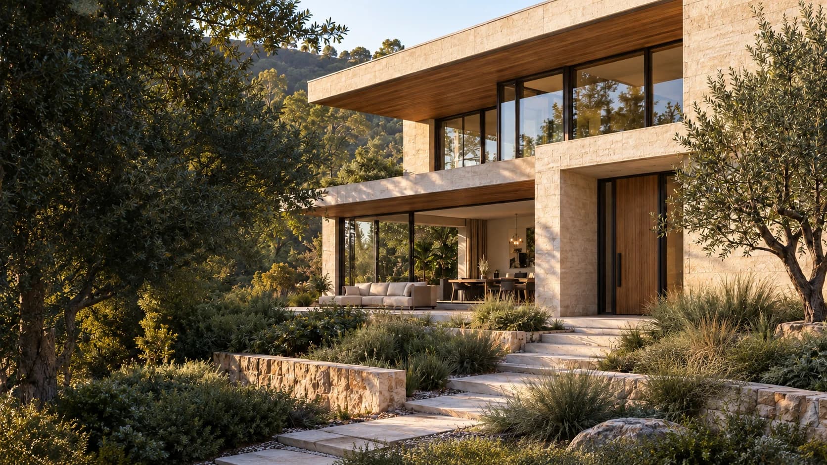 Generated architectural concept of a limestone and timber home in warm afternoon light